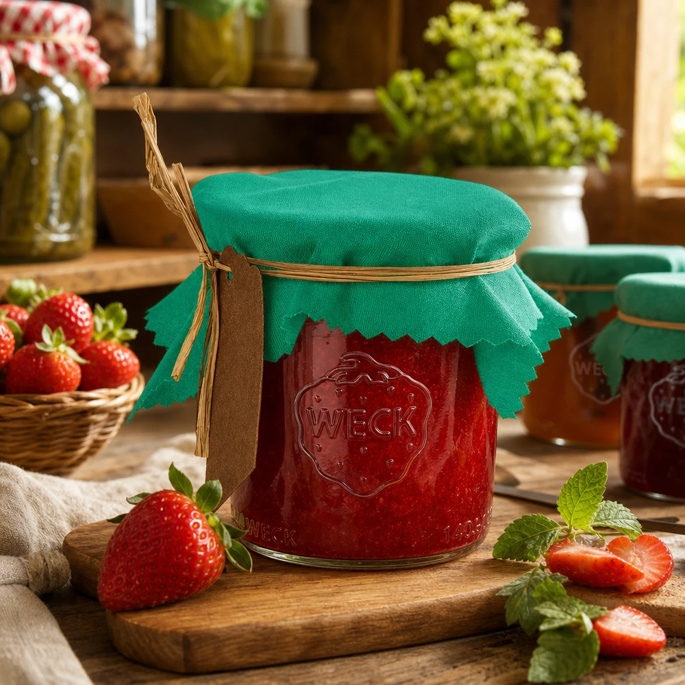 Tissu napperon pour décoratif verte 12cm carré Couvercle décoratif vert 12cm carré sur pot de confiture de fraise avec ficelle de raphia et étiquette dans une cuisine rustique