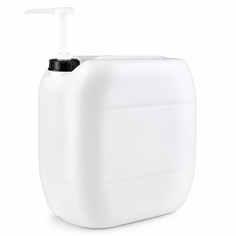 Jerrican de 30 litres avec pompe doseuse Bidon rectangulaire en PEHD de 30 litres, de couleur blanche, équipé d'une pompe de distribution pratique pour les liquides