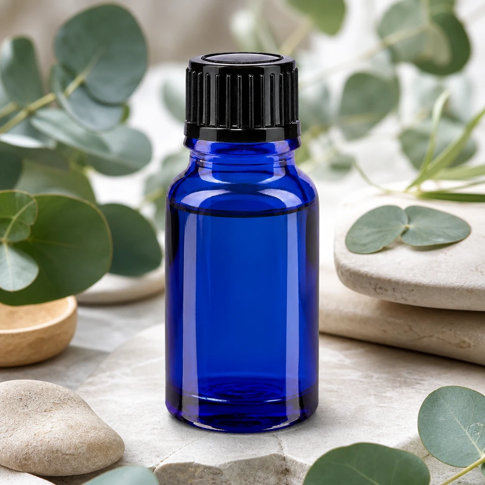 Flacon de pharmacie bleu 10ml, noir 1mm std Petit flacon en verre bleu de 10 ml avec un bec verseur de 1 mm et un bouchon à l'épreuve des enfants