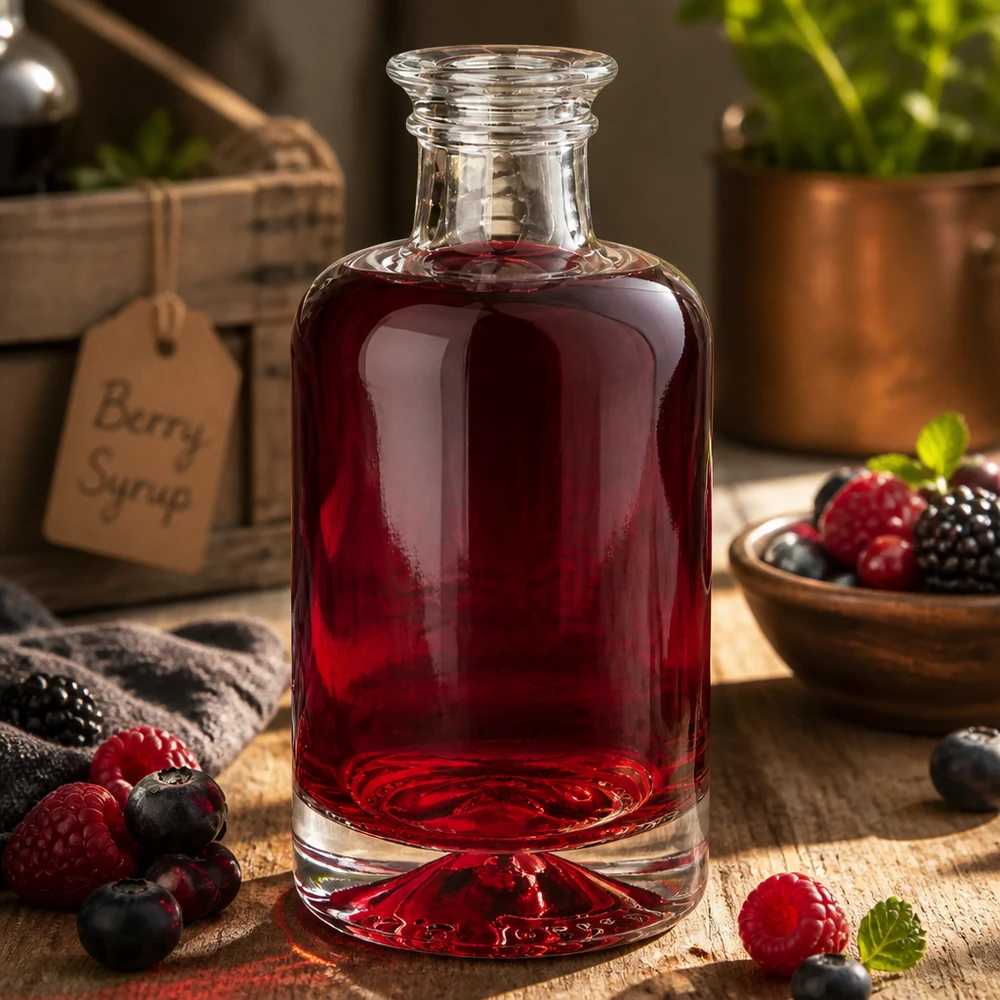 Flacon à pharmacie « Sofia » 100 ml sans bouchon UNiTWIST® Bouteille en verre Sofia de 100 ml remplie de jus de baies rouges entourée de baies fraîches sur fond de bois rustique