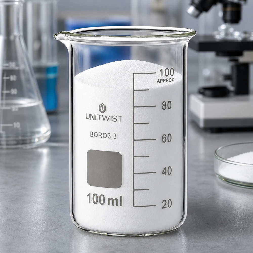 Bécher 100ml borosilicate, forme haute UNITWIST UNITWIST, bécher en verre de 100 ml, forme haute, avec poudre blanche, tube à essai, flacon Erlenmeyer, laboratoire