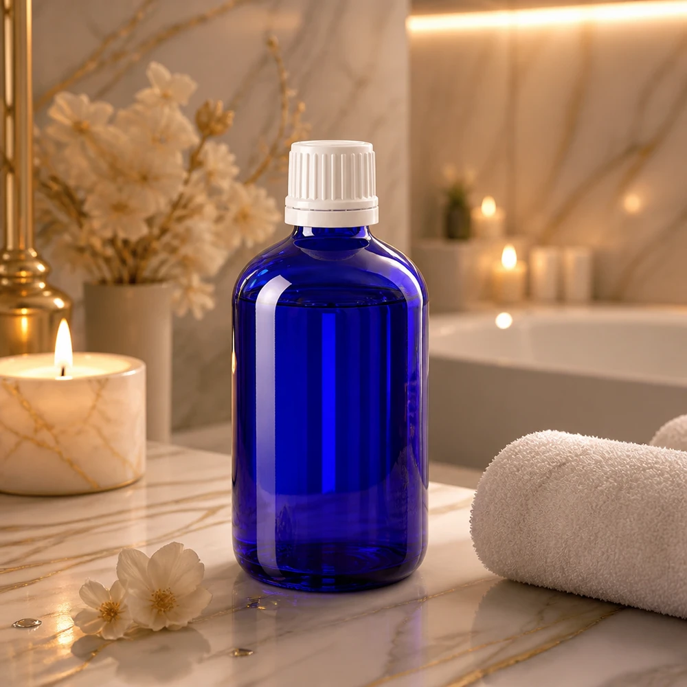 Flacon de pharmacie bleu de 100 ml avec bouchon à vis à l'épreuve des enfants, dans une ambiance spa élégante avec des bougies