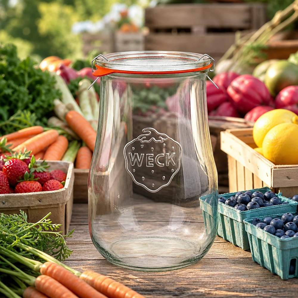 WECK Pot tulipe 1750ml RR100 sur table en bois avec Farmers Market Atmosphere entouré de fruits et légumes frais