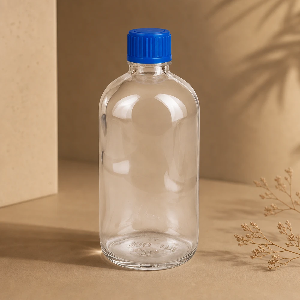 Flacon de 100ml 11mm SV bleu STD ClearLine UT18/100 Petite bouteille en verre transparent de 100 ml ClearLine UT18 avec bouchon en plastique bleu STD 11 mm SV