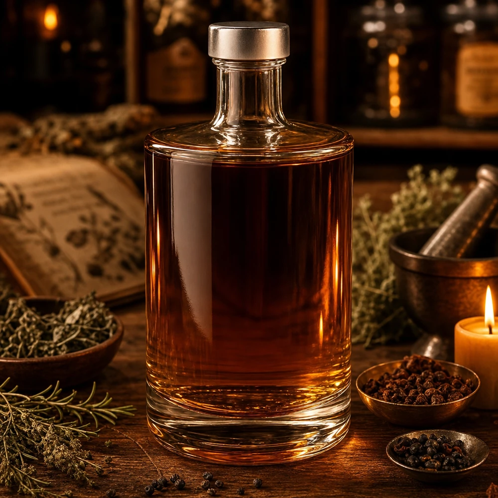 Bouteille en verre 500 ml « Sam » et bouchon à vis argenté UNiTWIST® Bouteille en verre Sam de 500 ml au contenu ambré parmi les épices et les herbes Ambiance apothicaire