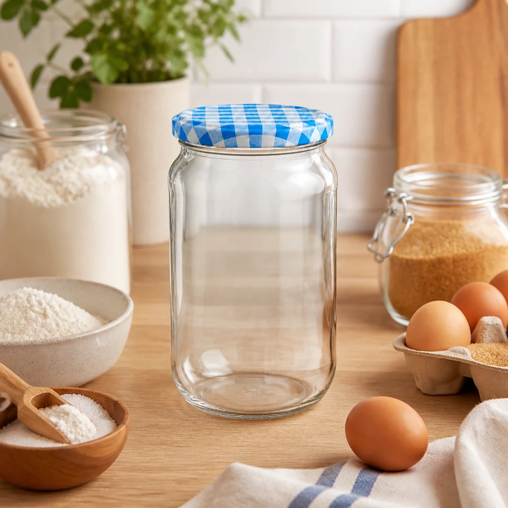 Bocal rond vide de 1062ml dans une scène de cuisine avec des ingrédients de cuisson, couvercle BasicSeal bleu et blanc, polyvalent pour les mélanges de cuisson
