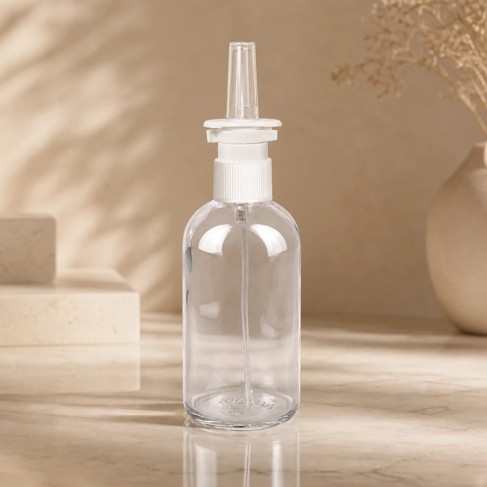 100ml flacon vaporisateur nasal blanc/tr. STD ClearLine UT18/100 Flacon en verre transparent ClearLine de 100 ml avec embout vaporisateur blanc sur fond marbré