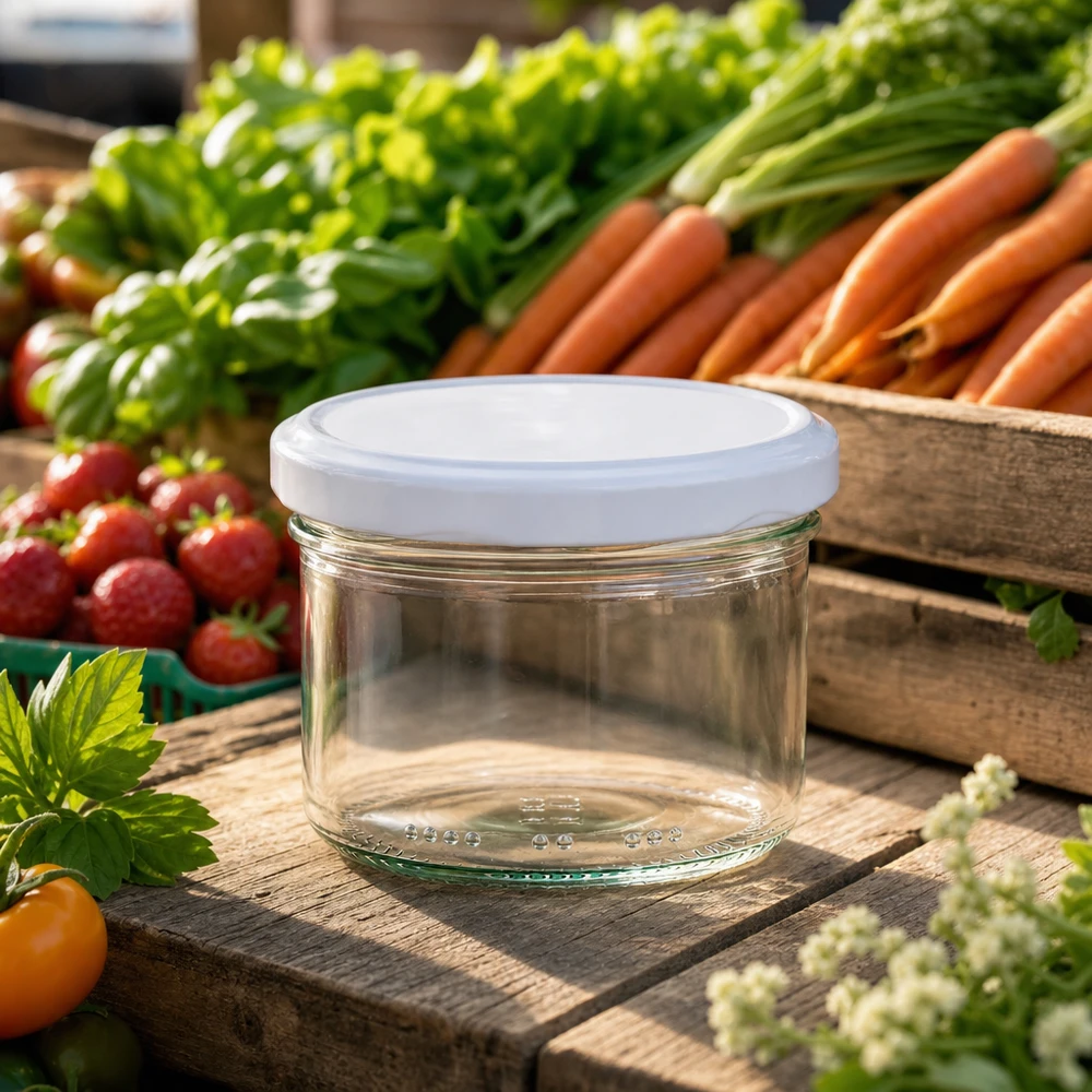 230ml Verre cylindrique avec couvercle BioSeal blanc UNiTWIST Pot cylindrique vide de 230 ml avec couvercle BioSeal blanc entouré de fruits et légumes frais sur une table en bois