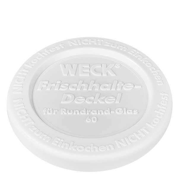 50ml bocal conique avec couvercle fraîcheur WECK RR60 Couvercle blanc du bocal WECK 50ml RR60 avec marquage du fabricant et indication de la taille en détail.