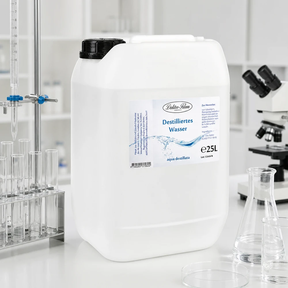 Eau distillée Doktor Klaus - Aqua dest 25 litres en jerrican premium teinte naturelle Eau distillée de qualité laboratoire Docteur-Klaus 25L pour les expériences scientifiques et la recherche
