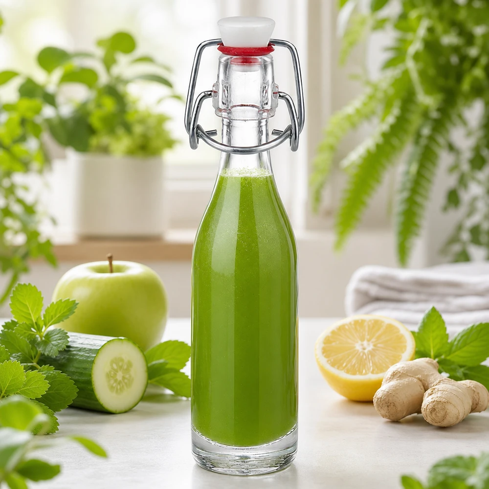 Bouteille en verre de 50 ml + bouchon mécanique PVC UNiTWIST Bouteille en verre de 50 ml UNiTWIST remplie de smoothie vert à côté du concombre, de la pomme, du gingembre et du citron comme option de boisson saine