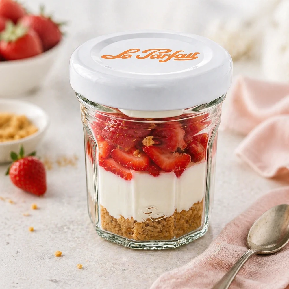 Mini-verre à pied Le Parfait 44ml comme verre à dessert avec fraises, crème et fond de biscuit - multi-usages