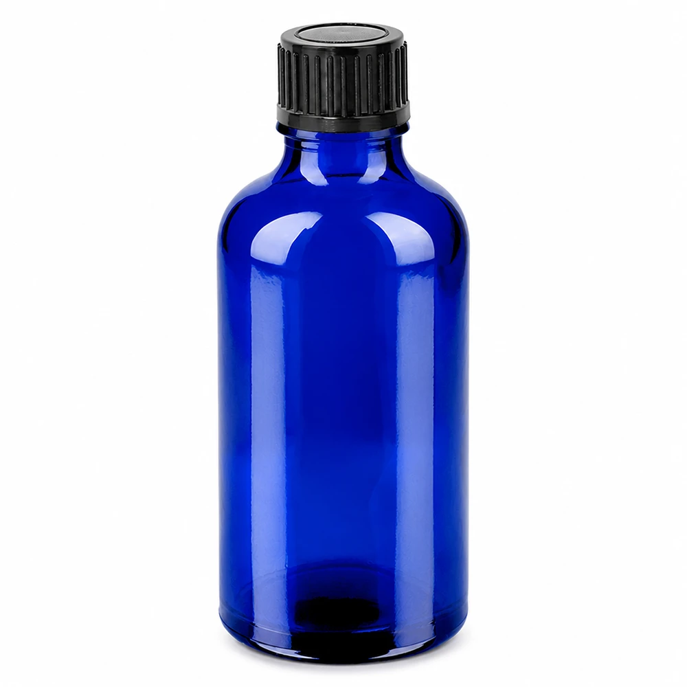 Flacon 50ml 11mm SV noir STD BlueLine UT18/50 Bouteille en verre ronde de 50ml bleue pour les huiles d'aromathérapie avec bouchon compte-gouttes noir
