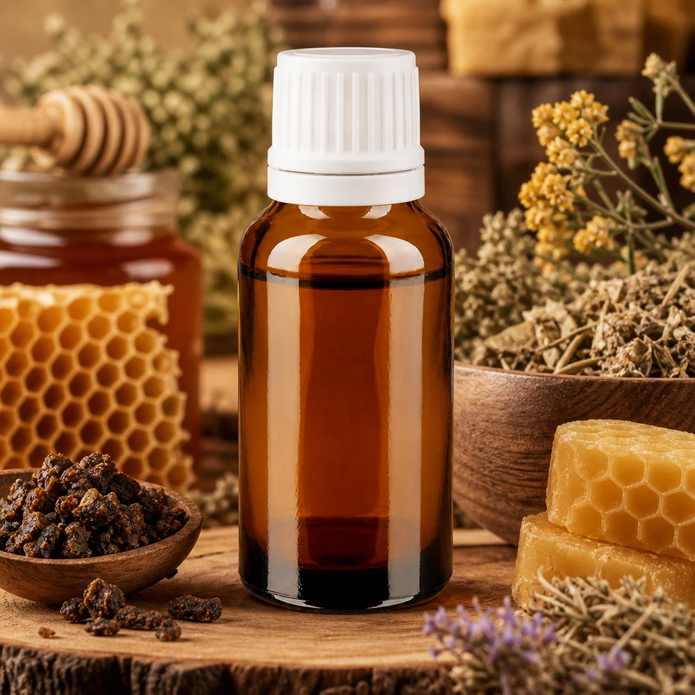 Petit flacon de pharmacie marron de 20 ml avec un emballage d'origine blanc, à côté de propolis, de rayons de miel et de plantes médicinales