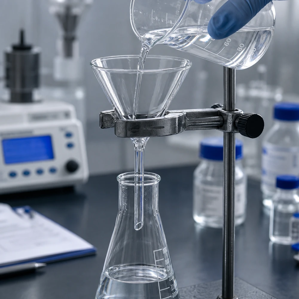 Entonnoir Ø 80mm - verre sodocalcique - angle 60° Entonnoir de laboratoire en verre sodocalcique, à angle de 60 degrés et d'un diamètre de 80 mm, pour une filtration précise