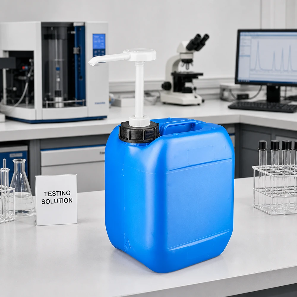 Bidon de 5 litres bleu avec pompe doseuse Bidon de laboratoire bleu de 5 litres muni d'une pompe blanche, devant un microscope et un appareil d'analyse, posé sur une paillasse de laboratoire