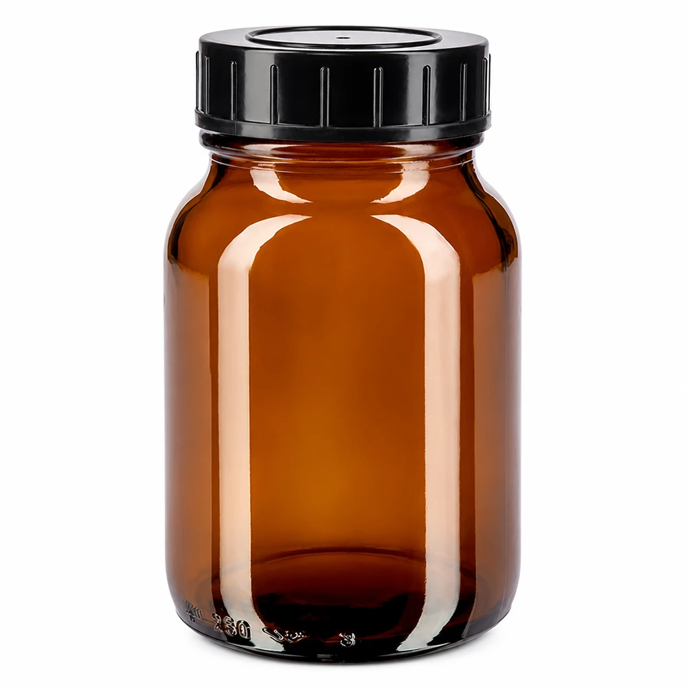 Bouteille en verre brun à col large de 250 ml avec bouchon à vis noir pour une conservation sûre