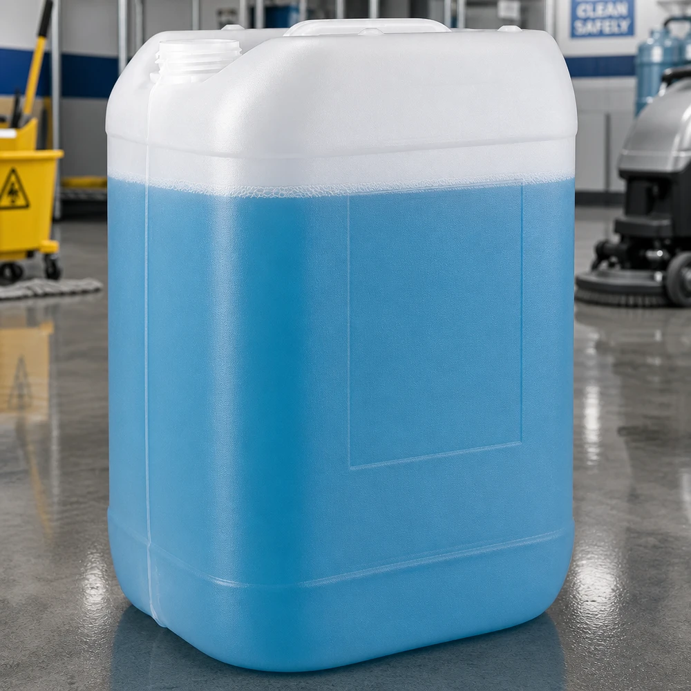 Bidon en plastique de 25 litres rempli, contenant un produit bleu, à côté d'une machine de nettoyage des sols