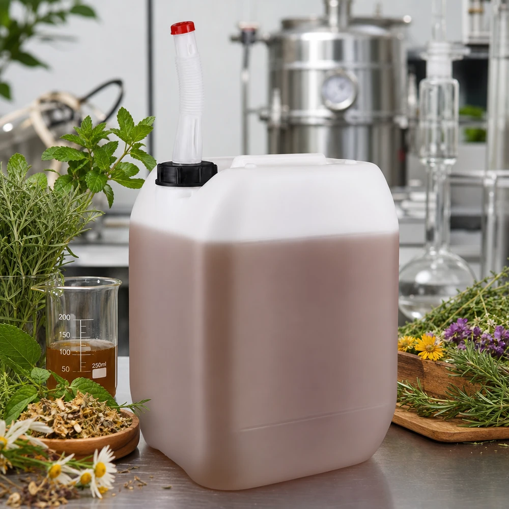 Bidon rectangulaire de 10 litres muni d'un bec verseur flexible, entouré d'herbes fraîches et d'instruments de laboratoire