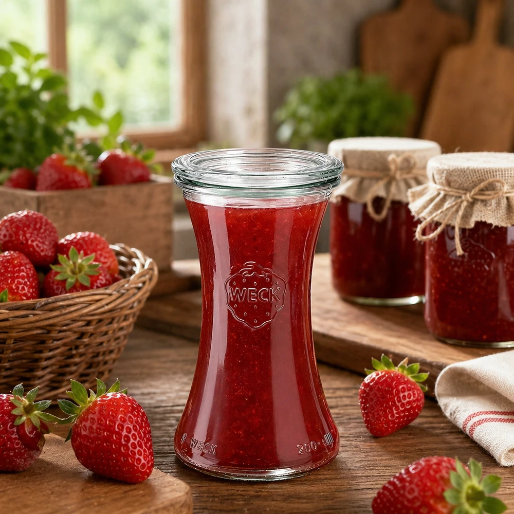 WECK Pot d'épicerie fine 200ml rempli de confiture de fraises dans une cuisine rustique avec des fraises fraîches