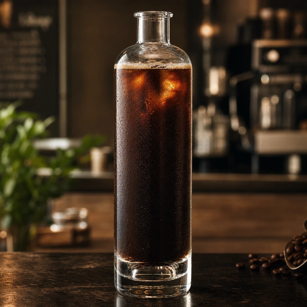 Bouteille en verre de 500ml Ella remplie de café Cold Brew dans la cuisine forme cylindrique sans bouchon UNiTWIST