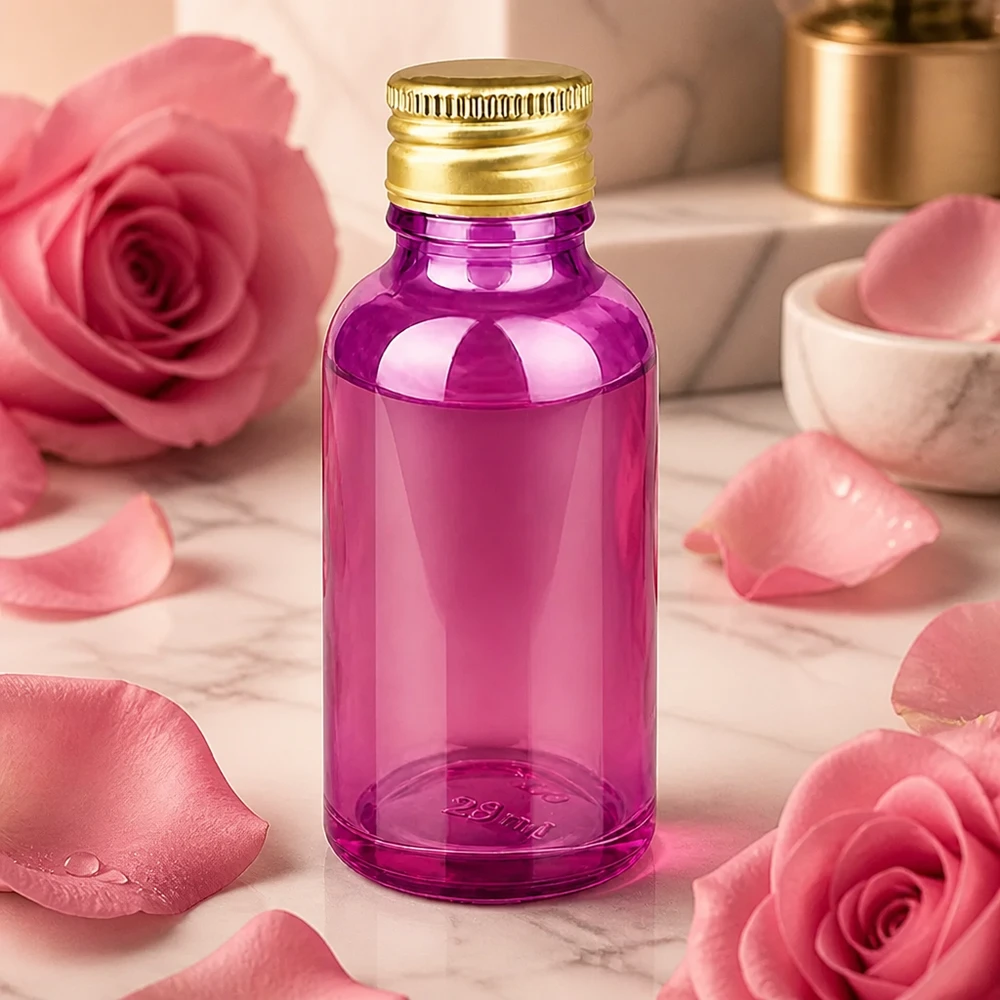 Flacon 30ml bouchon à visser 11mm alu-or standard PurpleLine. UT18/30 Bouteille en verre PurpleL de 30 ml de forme ronde avec bouchon standard et capsule en aluminium doré