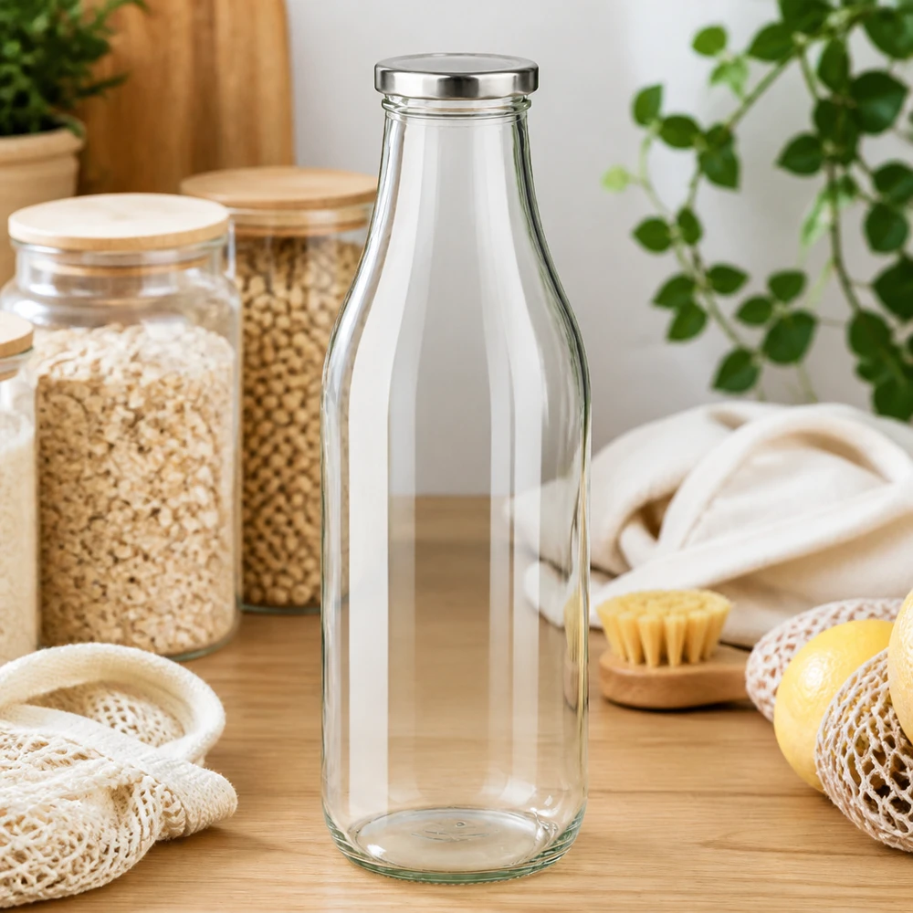 1000ml Bouteille avec couvercle BasicSeal argent UNiTWIST Bouteille en verre 1000ml BasicSeal argent sur table en bois avec accessoires de cuisine durables et plantes Zero Waste Lifestyle