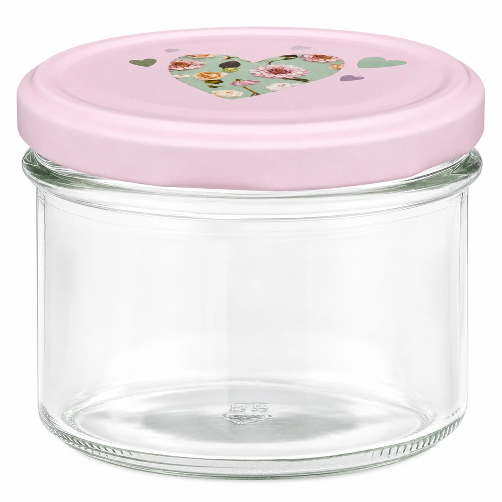 Verres de 225 ml + couvercle BasicSeal cur rose UNiTWIST Pot de 225 ml avec couvercle rose BasicSeal et motif de cœur pour confitures et bocaux à conserves
