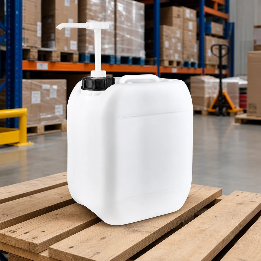 Bidon plat en PEHD vide de 5 litres, muni d'un bouchon à vis noir et d'une pompe verseur, disponible en stock