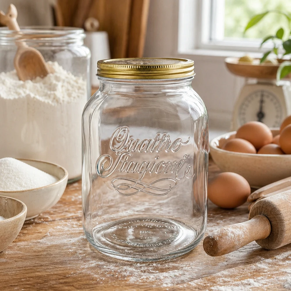 3000ml verre rond « Quattro Stagioni » avec couvercle Quattro Stagioni 3000ml boîte en verre dans la cuisine avec des ingrédients de boulangerie farine oeufs et rouleau à pâtisserie pour la conservation des aliments