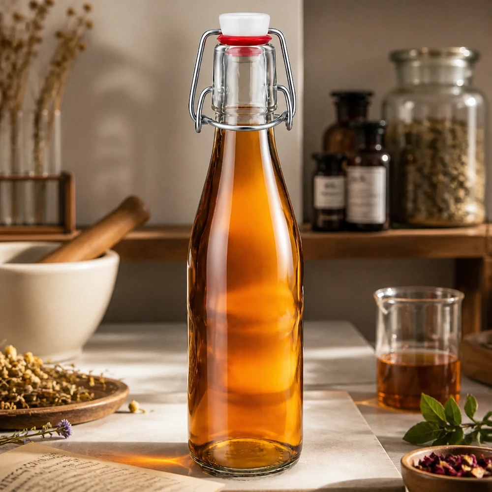 Bouteille en verre de 250 ml + bouchon mécanique en porcelaine UN.. Bouteille en verre de 250 ml avec bouchon à étrier remplie de liquide ambré dans une cuisine rustique avec des épices