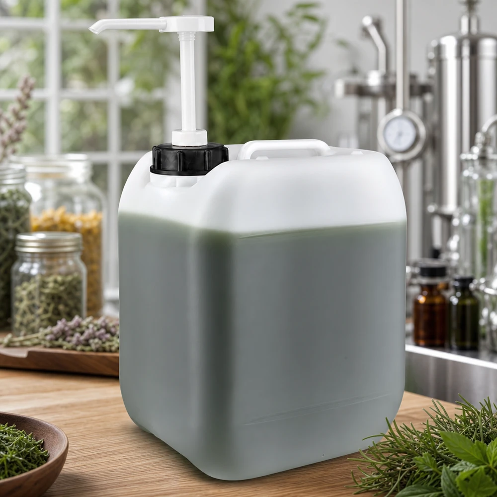 Bidon en plastique robuste de 5 litres avec pompe doseuse, dans un environnement naturel équipé d'une installation de distillation