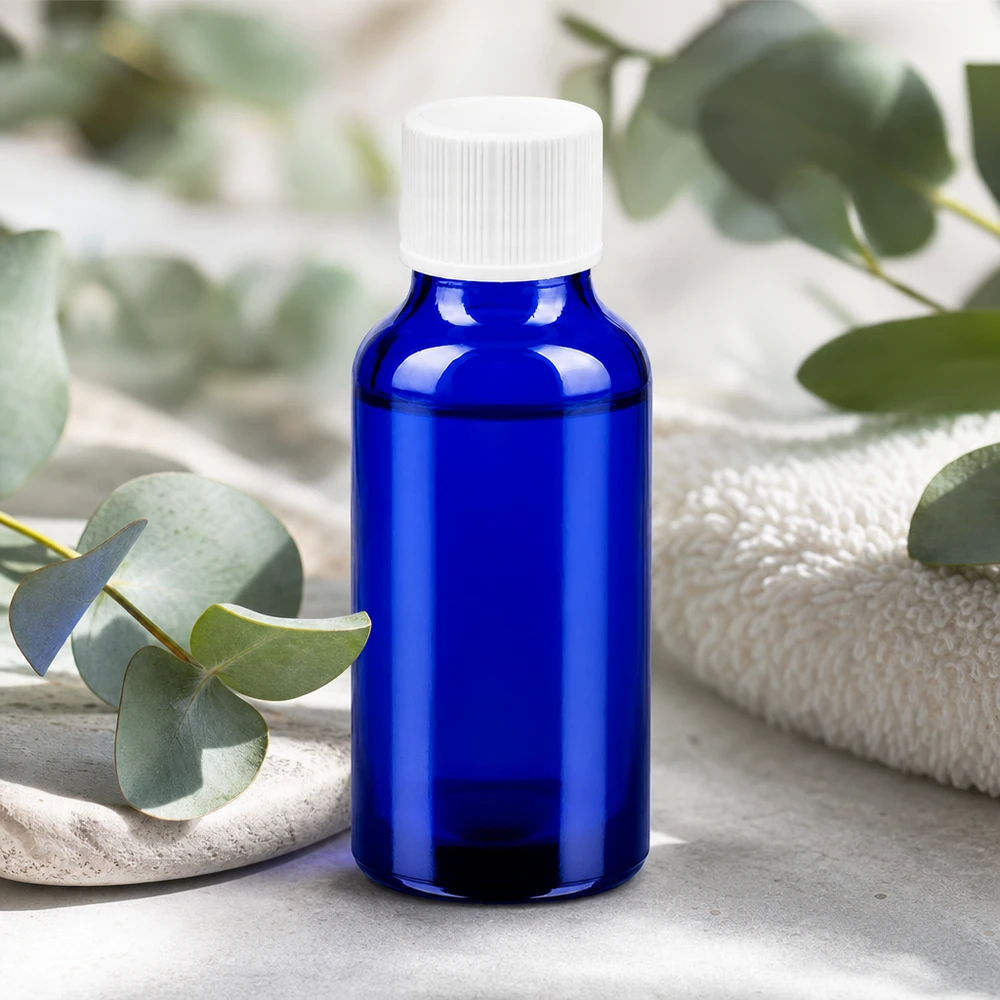 Flacon 20ml 11mm SV blanc STD BlueLine UT18/20 Bouteille en verre premium de 20ml d'un bleu élégant avec un bouchon blanc pour des produits de soin de haute qualité