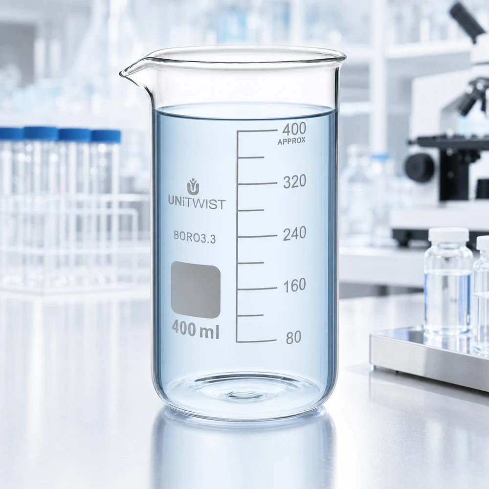 UNITWIST Béchère 400 ml, forme cylindrique haute, en verre borosilicaté transparent avec graduations, pour laboratoire
