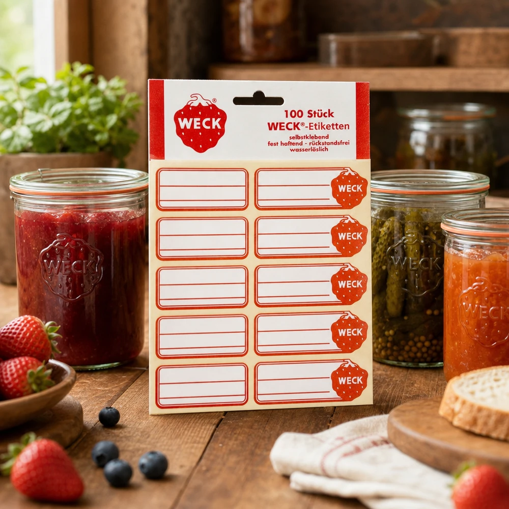 Etiquettes WECK 19x13mm en application sur les bocaux de confiture et de conserves dans une cuisine rustique