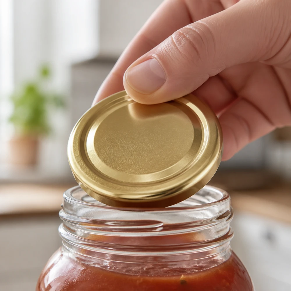 Une main pose un bouchon à vis doré UniTwist BasicSeal sur un bocal contenant de la sauce tomate