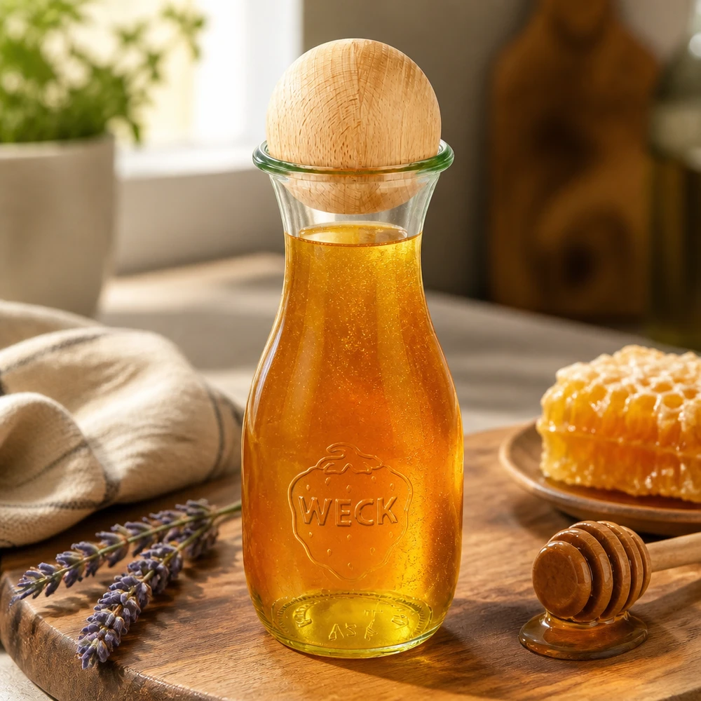 Bouteille en verre WECK de 530 ml remplie de miel et boule en bois de hêtre sur planche en bois décorée de nid d'abeille et de lavande