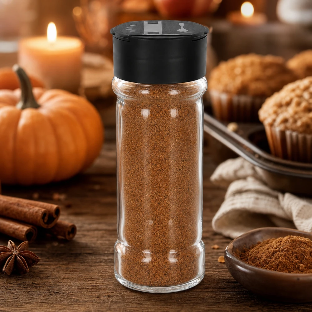Pot à sel/épices 100 ml avec double saupoudreuse, noir Saupoudreuse en verre transparent de 100 ml contenant des épices pour citrouille brunes, avec un couvercle en plastique noir, posée sur une table en bois