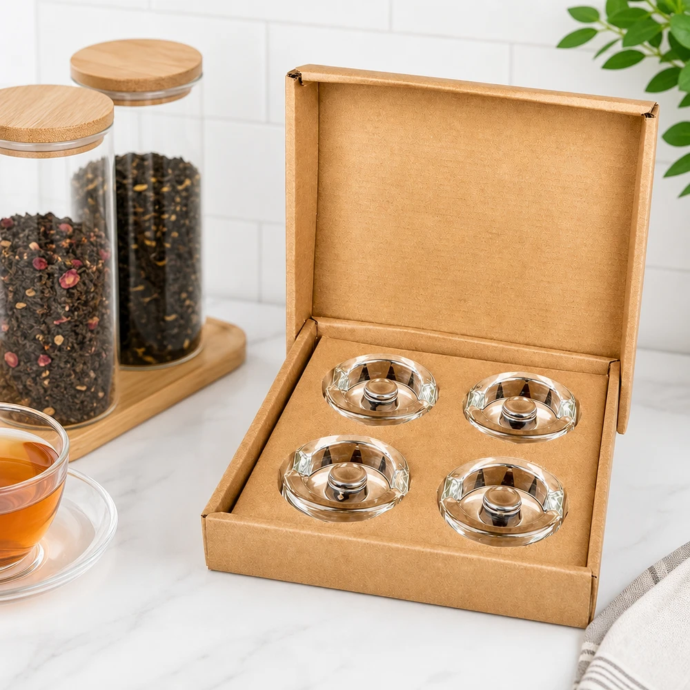 UNiTWIST Poids en verre pour la fermentation, set de 4 dans une boîte en carton à côté des verres à thé et des récipients à épices en verre avec couvercle en bois