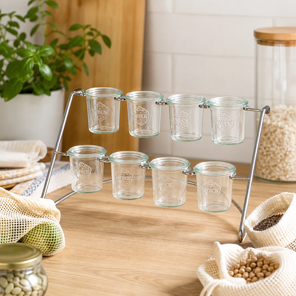 Présentoir Flato8 pour 8 bocaux WECK Support de service Flato8 avec des bocaux vides WECK dans un environnement de cuisine naturel avec des produits bio et durables