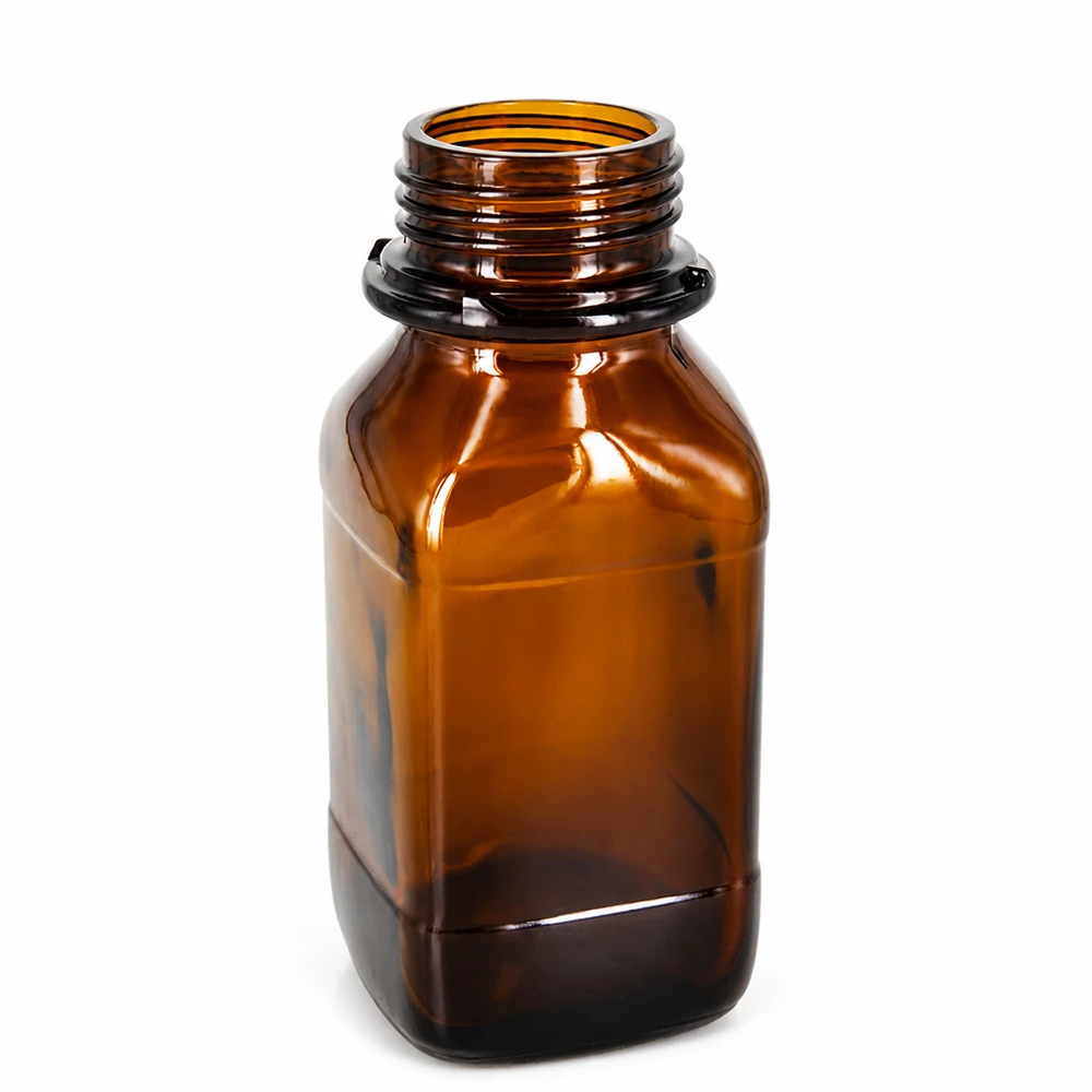 Flacon carré à col large (flacon à produits chimiques) en verre ambré 250 ml, avec goulot de norme DIN 45 (pour bouchon rayé) Bouteille de produits chimiques de 250ml en verre brun avec filetage pour les besoins du laboratoire