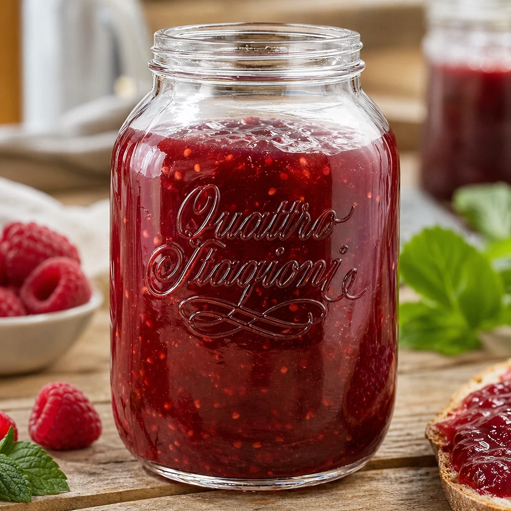 3000ml Verre rond "Quattro Stagioni" QS110mm 3000ml Quattro Stagioni Pot ménager rempli de confiture rouge à côté de fraises fraîches sur une table en bois