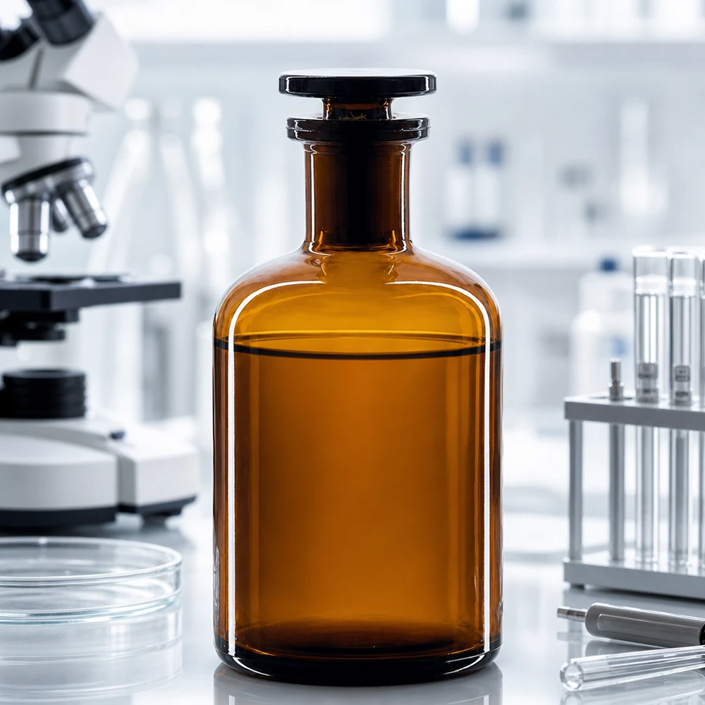 Flacon pharmaceutique 100 ml col étroit en verre ambré + bouchon Flacon compact à épaulement rond de 100 ml, brun, à col étroit, muni d'un bouchon en verre, à côté de boîtes de Pétri et de tubes à essai