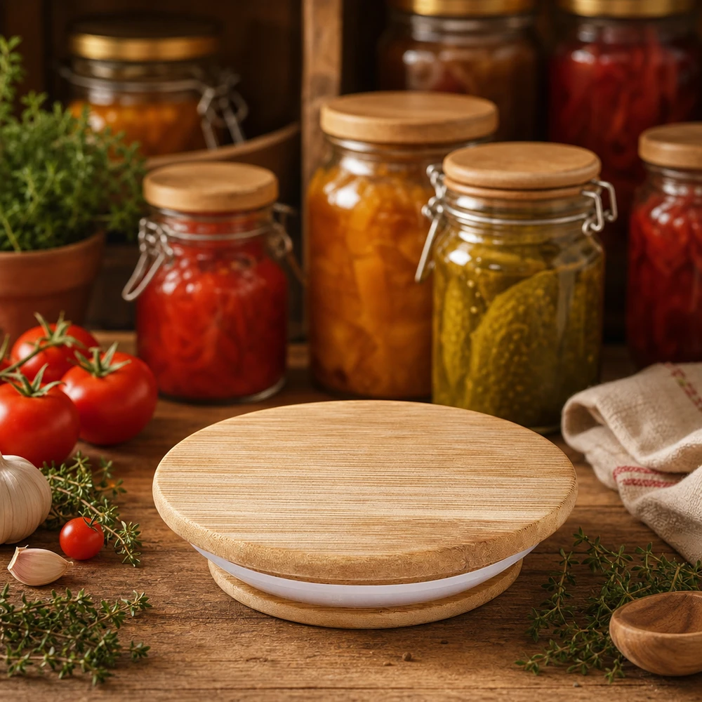 Couvercle en bois WECK RR80 dans cuisine rustique avec bocaux de tomates concombres et herbes fraîches scène lifestyle