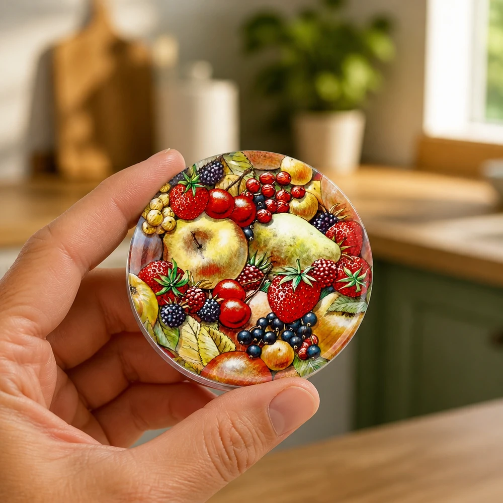 Petit couvercle rond pour bocaux, motif fruits, 82 mm, TO82, avec motif de fruits réaliste, BasicSeal