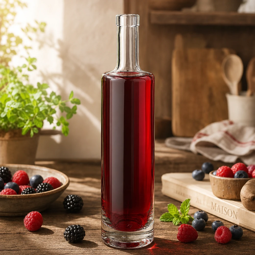 Flacon en verre 500 ml « Lina » sans bouchon UNiTWIST® 500ml Glasflasche Lina mit rotem Beerensaft in rustikaler Küche umgeben von frischen Beeren und Holzaccessoires