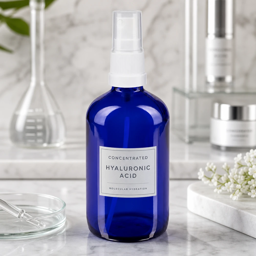Petit flacon en verre bleu de pharmacie de 100 ml avec vaporisateur, destiné au conditionnement de produits à base d'acide hyaluronique