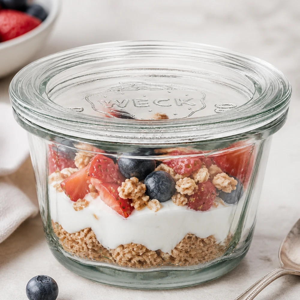 WECK Pot à kouglof RR80 165ml rempli de yaourt au muesli et de baies comme pot à dessert avec couvercle transparent