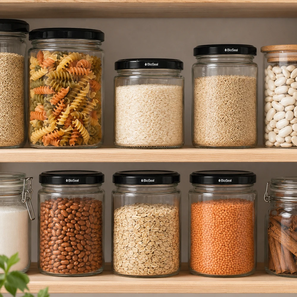 UniTWIST Runda330 Bocaux à provisions avec couvercles noirs BioSeal dans un garde-manger organisé avec des pâtes Riz Haricots Lentilles