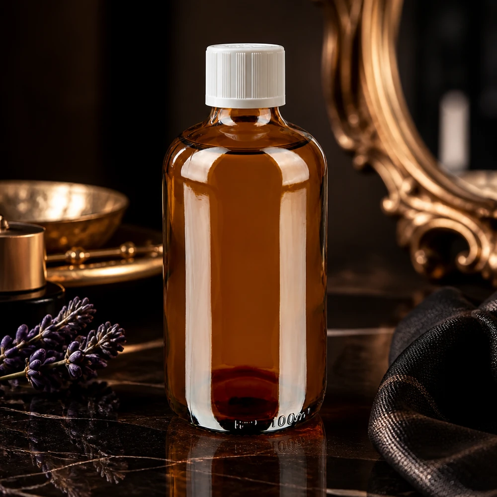 Flacon en verre de 100 ml couleur ambre, muni d'un bouchon de sécurité enfant, blanc sur fond miroir doré